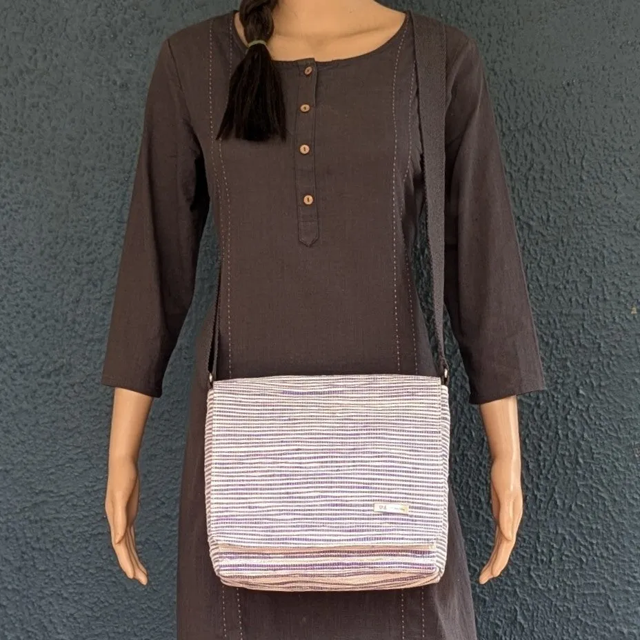 Shimmery Silver Purple Striped Upcycled Handwoven Messenger Bag (MB1224-009) PS_W