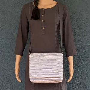 Shimmery Silver Purple Striped Upcycled Handwoven Messenger Bag (MB1224-009) PS_W