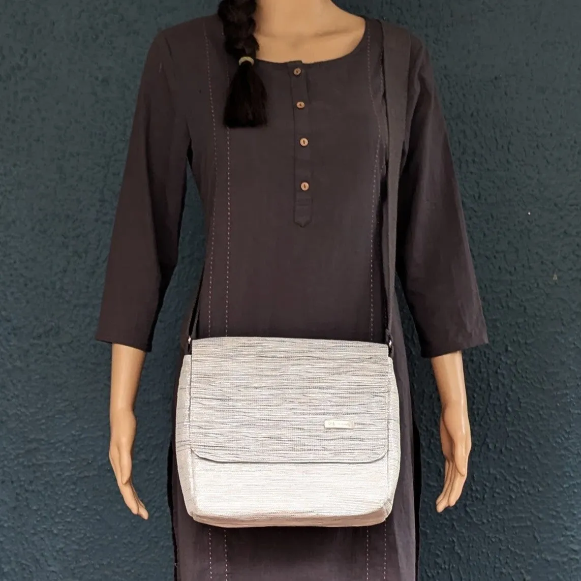 Shimmery Silver Upcycled Handwoven Messenger Bag (MB1224-016) PS_W