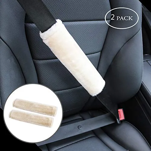Soft Faux Sheepskin Seat Belt Shoulder Pad for a More Comfortable Driving, Compatible with Adults Youth Kids - Car, Truck, SUV, Airplane,Carmera Backpack Straps 2 Packs Beige