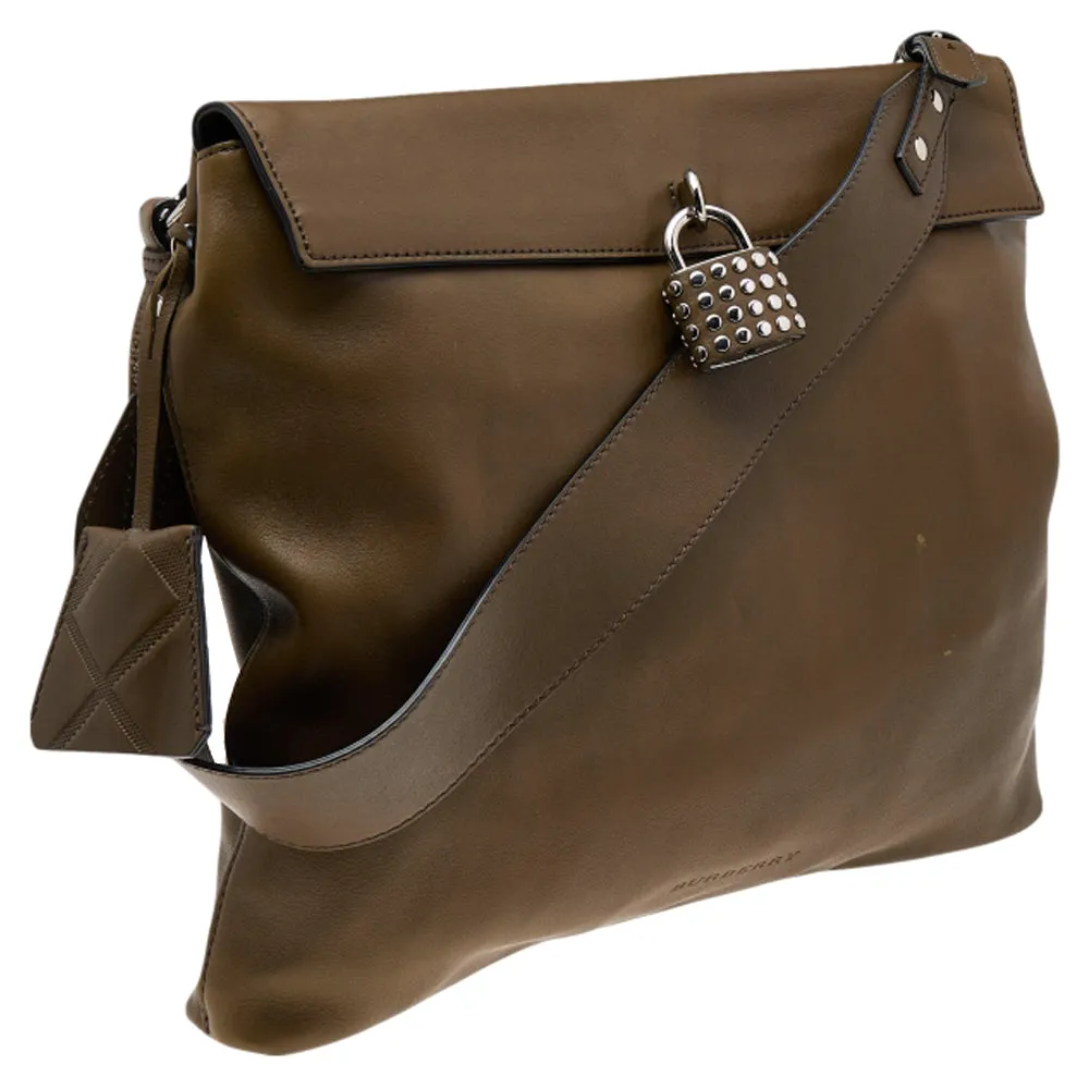 Trendy Inspired Burberry Olive Green Leather Studded Lock Messenger Bag