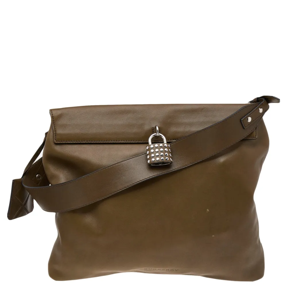 Trendy Inspired Burberry Olive Green Leather Studded Lock Messenger Bag