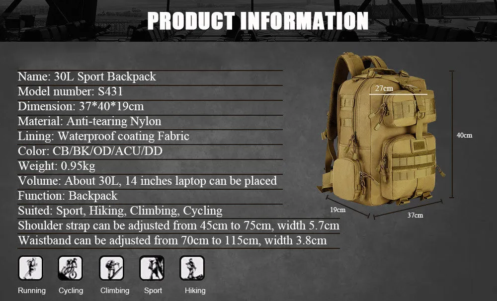 Unisex Military Outdoor Tactical MolleMilitar Rucksack Backpack