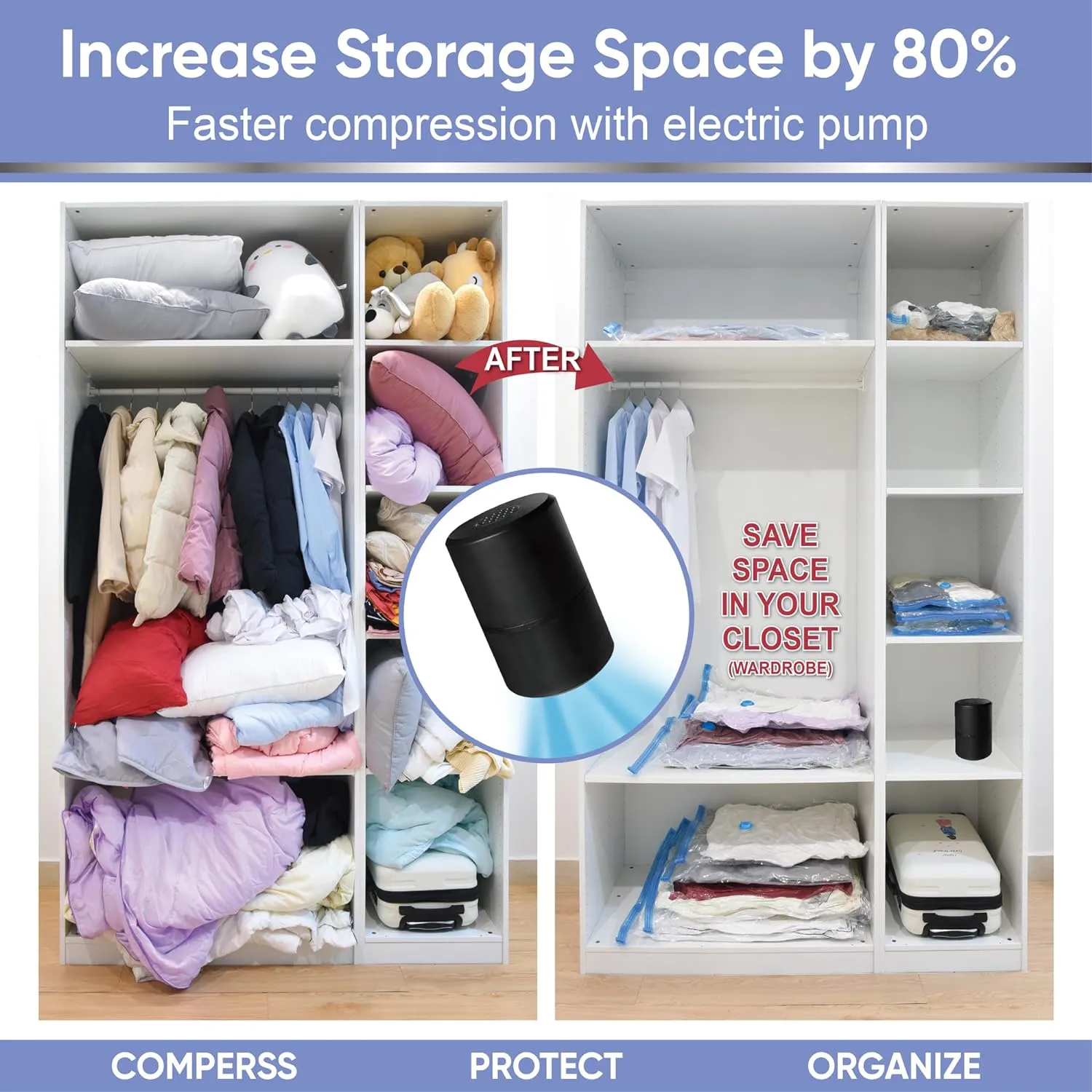 Vacuum Storage Bags with Electric Air Pump, 12 Medium (27.5x19,5in), Space Saver Bags with Pump, Storage Vacuum Sealed Bags for Clothes, Comforters, Blankets, Bedding