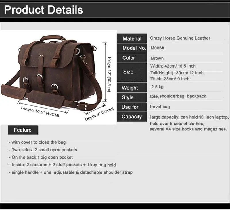 Vintage Crazy Horse Genuine Leather Business Briefcase Bag