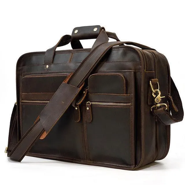Vintage Leather Briefcase With Pockets Business Laptop Bag