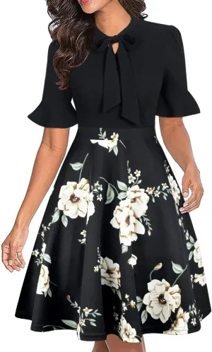 Women Summer Floral Ruffle Sleeve Wear to Work Church Wedding Guest Party Dresses