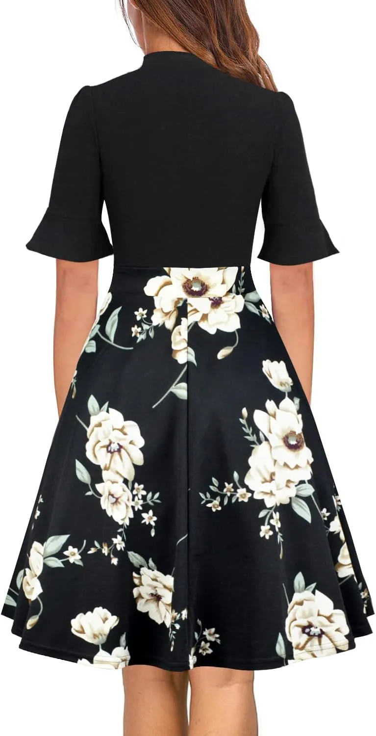 Women Summer Floral Ruffle Sleeve Wear to Work Church Wedding Guest Party Dresses