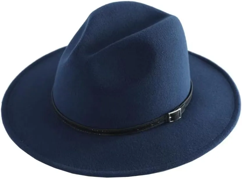 Women's Fashion Flat Wide Brim Hat Classic Wool Felt Panama Hat with Belt Buckle