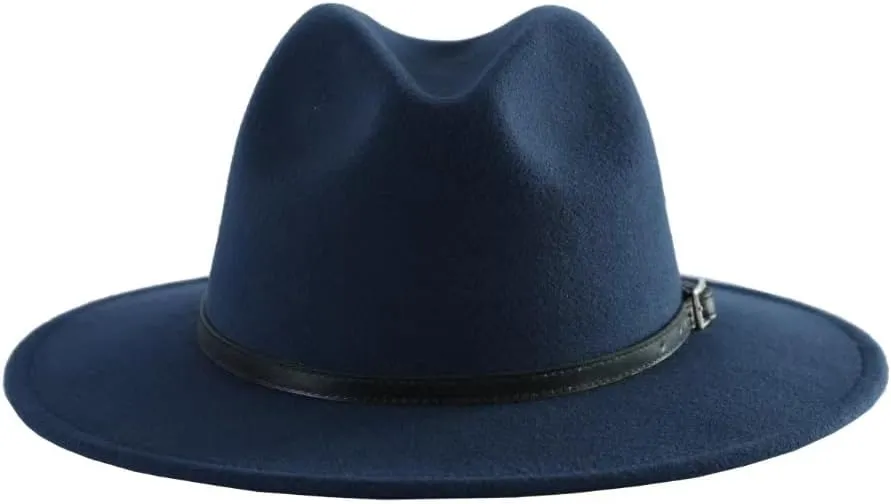 Women's Fashion Flat Wide Brim Hat Classic Wool Felt Panama Hat with Belt Buckle