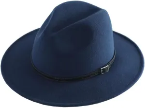 Women's Fashion Flat Wide Brim Hat Classic Wool Felt Panama Hat with Belt Buckle