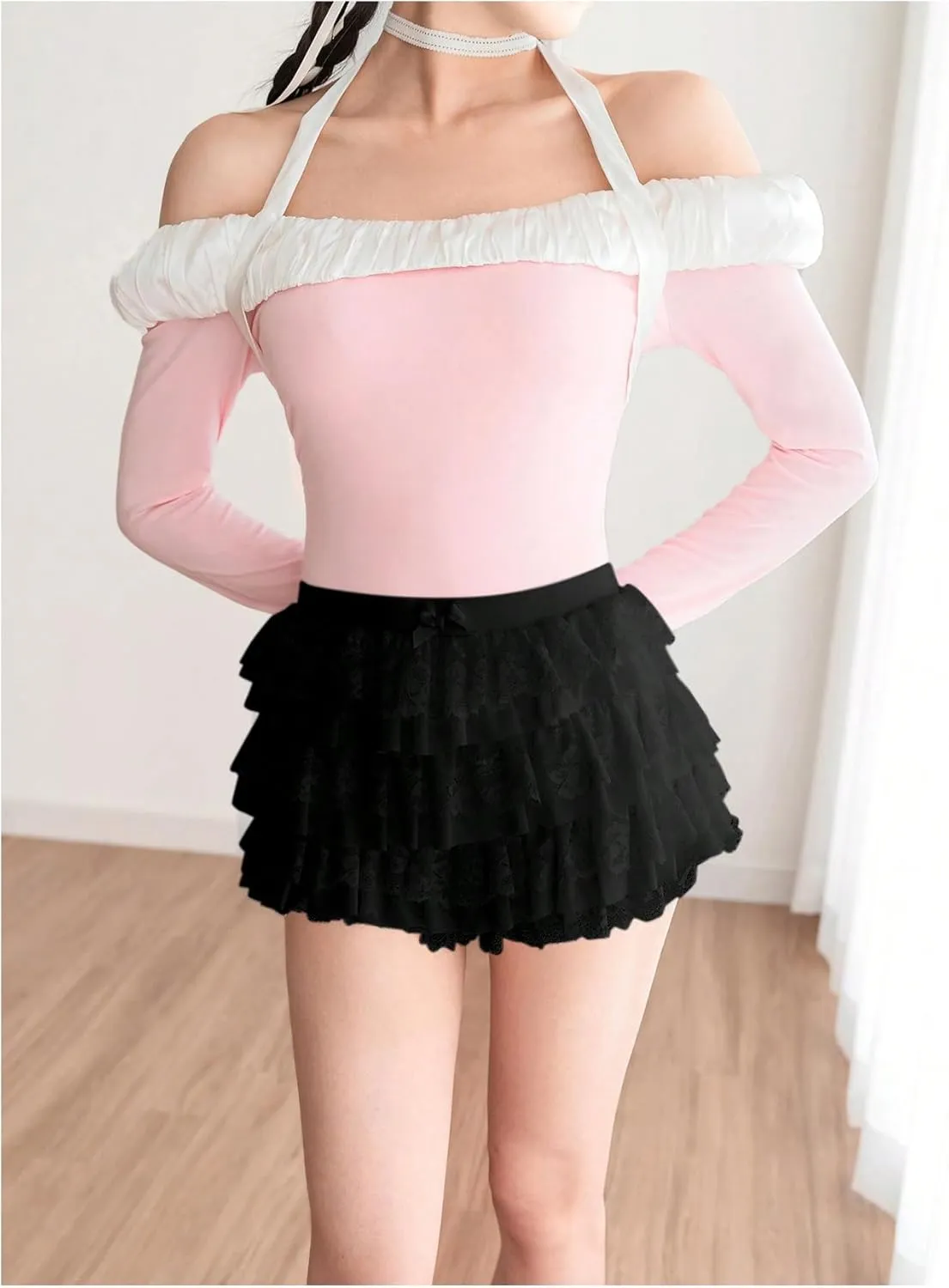 Women's Y2k Ruffle Shorts Lace Lolita Bloomers Elastic Waist Bow Front Shorts Micro Boyshorts