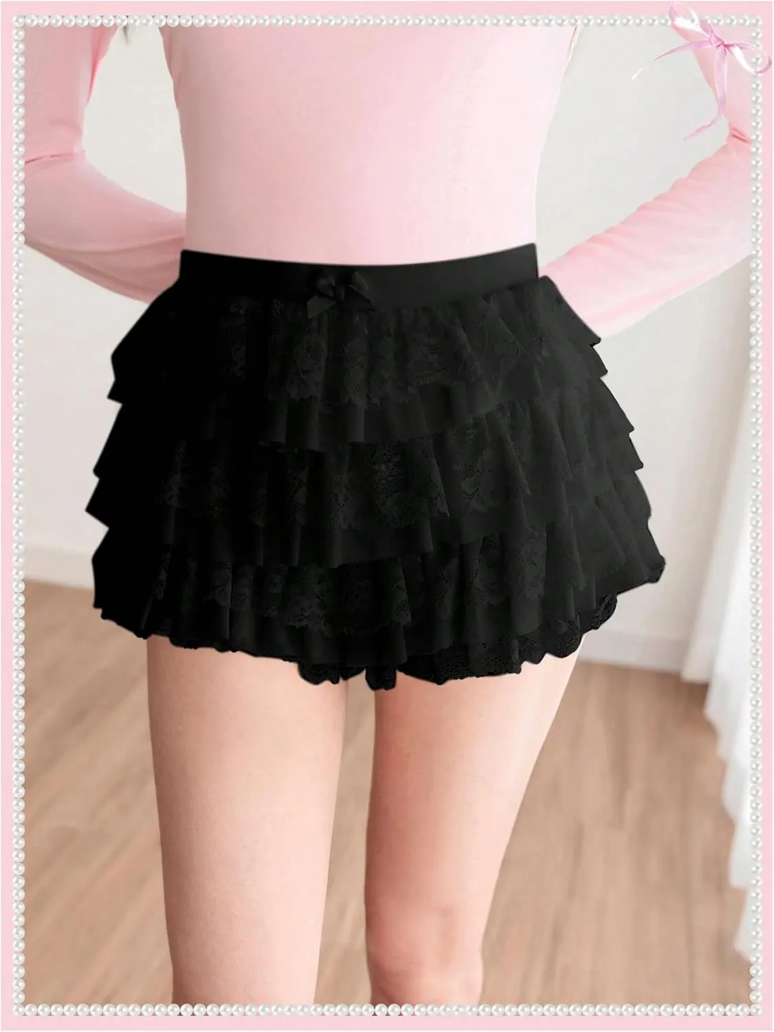 Women's Y2k Ruffle Shorts Lace Lolita Bloomers Elastic Waist Bow Front Shorts Micro Boyshorts
