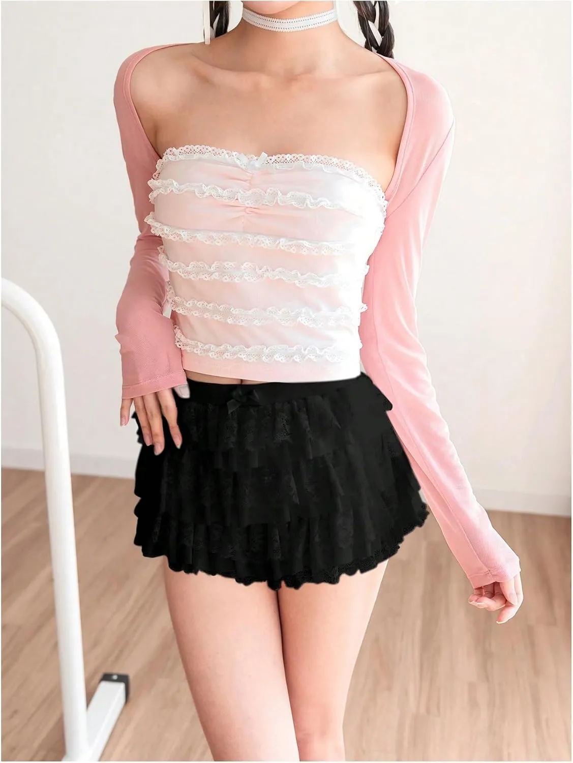Women's Y2k Ruffle Shorts Lace Lolita Bloomers Elastic Waist Bow Front Shorts Micro Boyshorts