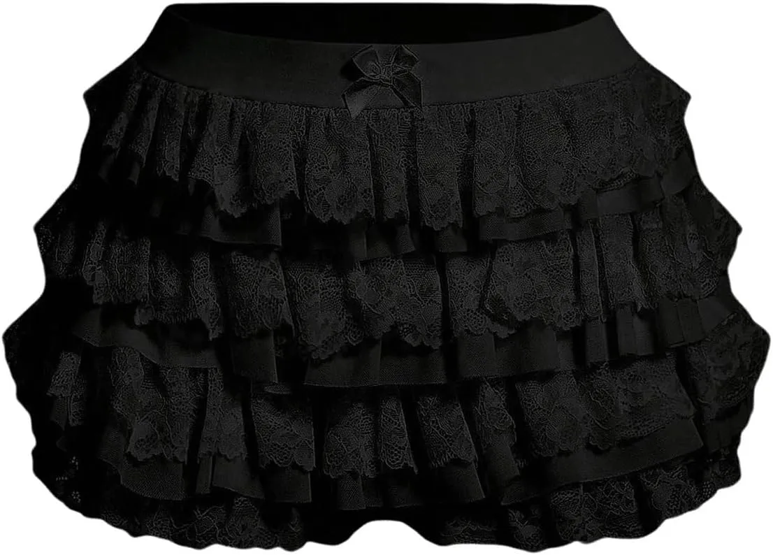 Women's Y2k Ruffle Shorts Lace Lolita Bloomers Elastic Waist Bow Front Shorts Micro Boyshorts